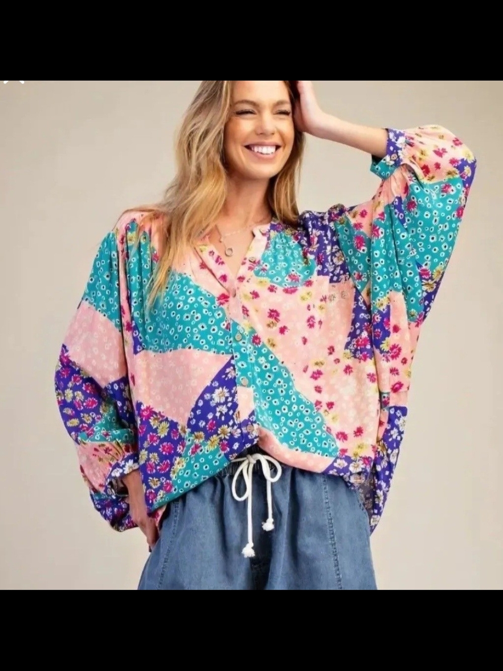 easel Patchwork Floral V-Neck Tunic in Pink, Teal & Purple